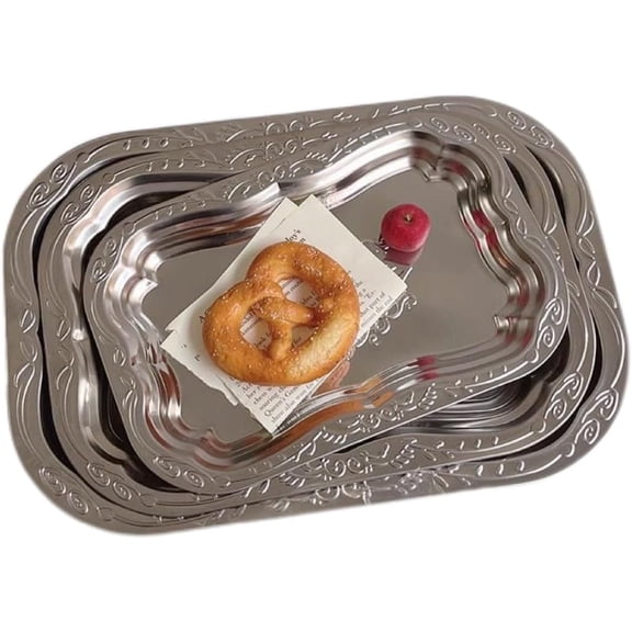 3 Pcs Silver Serving Trays Chrome Plated Rectangular Mirror Trays with Floral Engraving, Multi-Purpose Platters for Party Wedding Birthday Holiday, Ideal for Desserts Whiskey Cookies Charcuterie