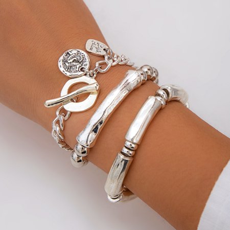 3 Pcs Silver Tone Stackable Bracelet Set, Vintage Coin Charm Toggle Chain Bracelet & Bamboo Tube Beaded Stretch Bracelets, Boho Layered Wrist Jewelry for Women Daily Party Gift