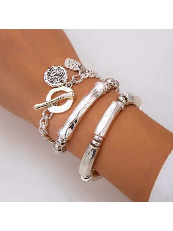 3 Pcs Silver Tone Stackable Bracelet Set, Vintage Coin Charm Toggle Chain Bracelet & Bamboo Tube Beaded Stretch Bracelets, Boho Layered Wrist Jewelry for Women Daily Party Gift
