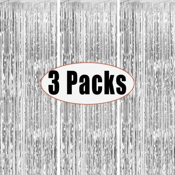 3 Pcs Silvery Metallic Foil Curtains, 3.28ft x 6.56ft Laser Glitter Fringe Rain Curtain Shine Photo Booth Backdrop Tinsel Curtain Streamer for Wedding Christmas New YearBaby Shower Celebration Party