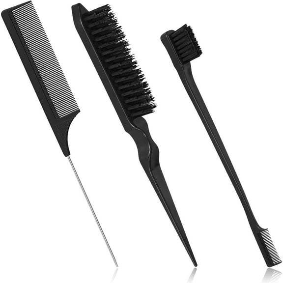 3 Pcs Slick Back Hair Brush Set Hair Brush Edge Control Brush Teasing Comb Rat Tail Comb for Women Baby Kids' Black Hair (Black)