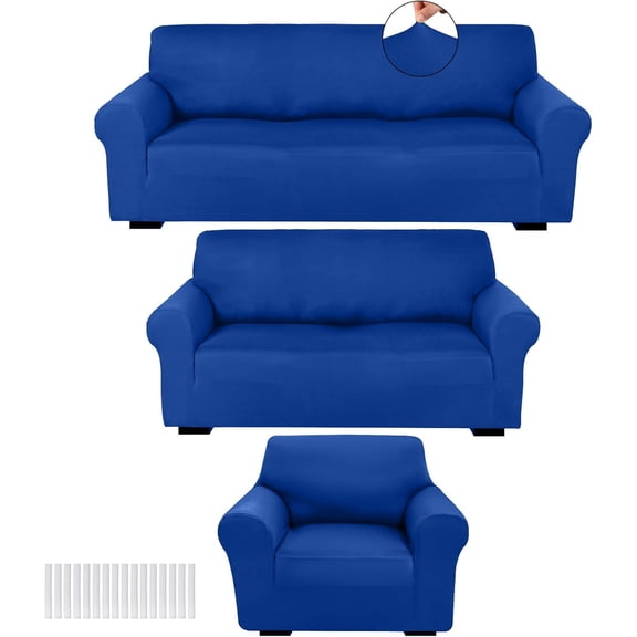3 Pcs Slipcover Set for Couch Furniture Covers for Sofa Loveseat Couch Arm Chair, Form Fit Stretch, Wrinkle Free, Furniture Protector(Classic Blue,Milk Silk Spandex)