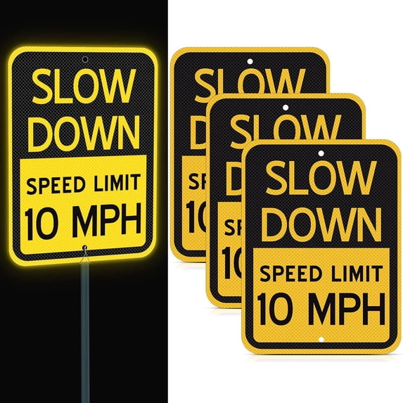 3 Pcs Slow Down Speed Limit Safety Signs 16 x 12 Inches, Reflective Thickened Aluminum with Ink Rust Resistant UV Protected and Weatherproof Easy Mounting Outdoor Use (10 MPH)