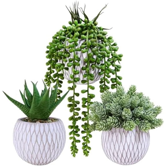 3 Pcs Small Faux Potted Plants Artificial Aloe Hops String of Pearls Succulents Plants in Gray Geometric Concrete Pots for Indoor Outdoor Greenery Shelf Home Bathroom Office Desk Tabletop Dcor