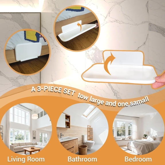 3 Pcs Small Foldable Floating Shelves for Living Room Bathroom,Bedside Shelf No Drill,Adhesive Shelves Organizer,Stick on Wall Rack Shelf Kitchen Entryway Bedroom,Bed Bedside Tray White