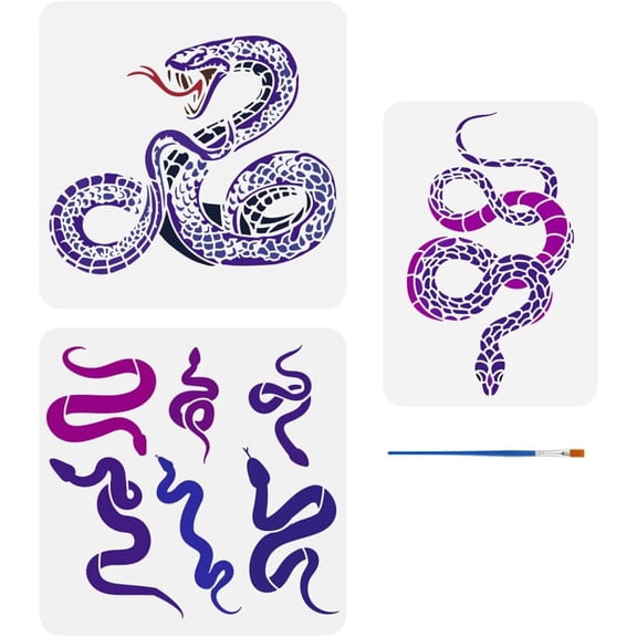 3 Pcs Snake Painting Stencil with A Paint Brush 2 Size Snake Pattern Drawing Template Animal Theme DIY Art Decoration Stencil for Painting on Wood Wall Fabric Furniture White