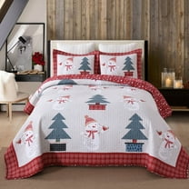 3 Pcs Snowman & Tree Christmas Quilt Reversible Holiday Bedspread Set