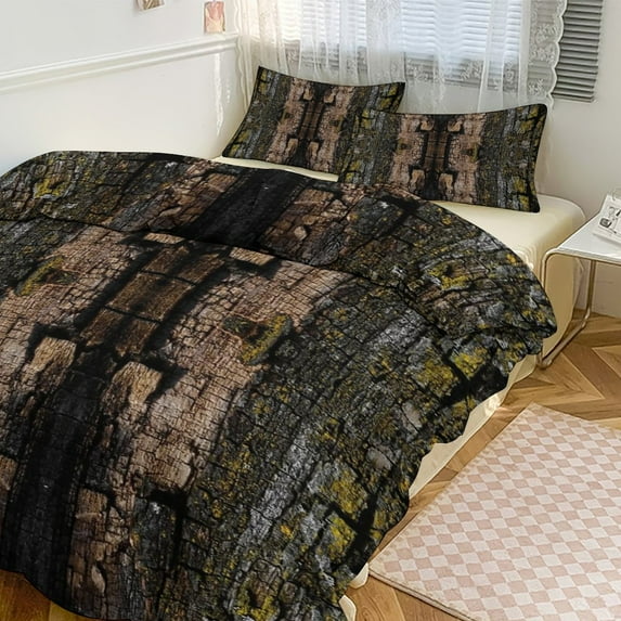 3 Pcs Soft Bedding Set, Includes 1 Duvet Cover with Zipper And 2 Pillow Shams,Cool Brown Wood Bark with Yellow Lichen Camo Texture Pattern Twin(86"x70")