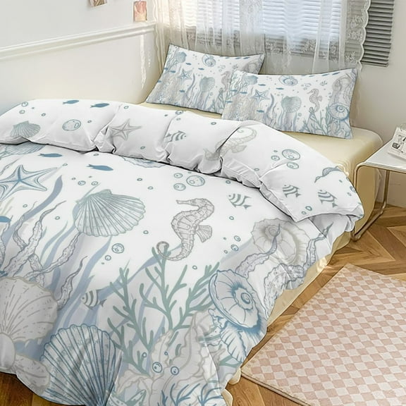 3 Pcs Soft Bedding Set, Includes 1 Duvet Cover with Zipper And 2 Pillow Shams,Summer Sea Turtle Coral Starfish Jellyfish Conch Seaweed Navy Blue Grey Twin(86"x70")