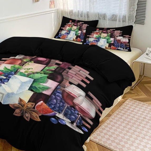 3 Pcs Soft Bedding Set, Includes 1 Duvet Cover with Zipper And 2 Pillow Shams,Watercolor Wine Glasses And Bottles Decorated with Delicious Food King(102"×90")