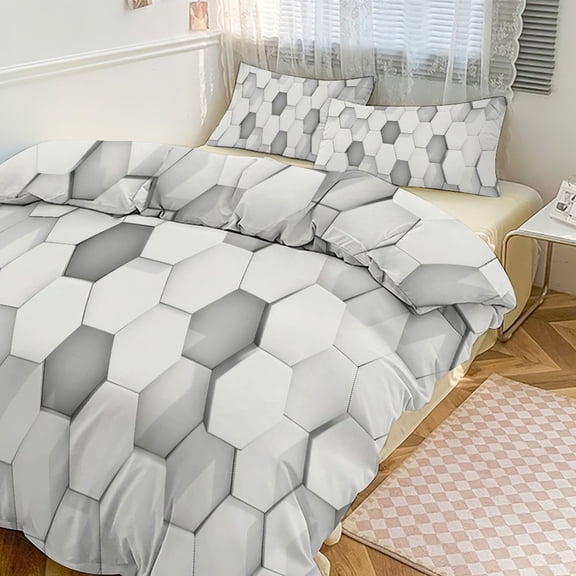 3 Pcs Soft Bedding Set, Includes 1 Duvet Cover with Zipper And 2 Pillow Shams,3d Hexagon Tile Brick Pattern Queen(90"×90")