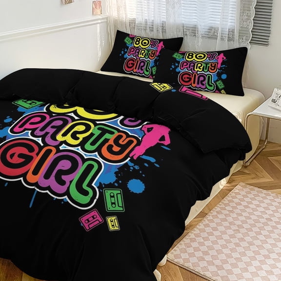 3 Pcs Soft Bedding Set, Includes 1 Duvet Cover with Zipper And 2 Pillow Shams,80s Party Girl Vintage Retro Eighties Costume King(102"×90")