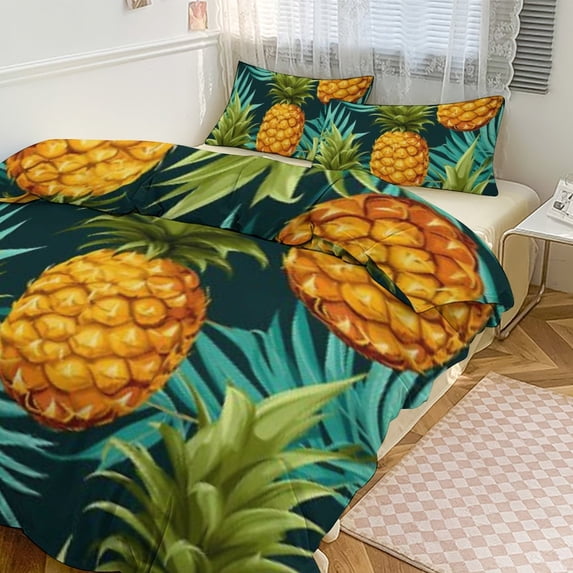 3 Pcs Soft Bedding Set, Includes 1 Duvet Cover with Zipper And 2 Pillow Shams,A Close Up of A Pineapple And Palm Leaves Pattern Twin(86"x70")