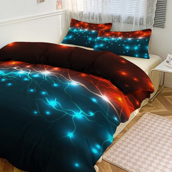 3 Pcs Soft Bedding Set, Includes 1 Duvet Cover with Zipper And 2 Pillow Shams,Abstract Red And Blue Lightning Queen(90"×90")