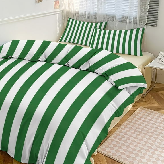3 Pcs Soft Bedding Set, Includes 1 Duvet Cover with Zipper And 2 Pillow Shams,Aesthetic Emerald Green And White Vertical King(102"×90")