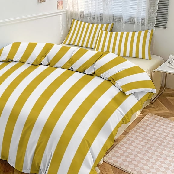 3 Pcs Soft Bedding Set, Includes 1 Duvet Cover with Zipper And 2 Pillow Shams,Aesthetic Sand Yellow And White Vertical Twin(86"x70")