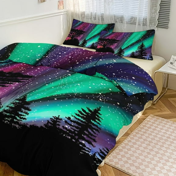 3 Pcs Soft Bedding Set, Includes 1 Duvet Cover with Zipper And 2 Pillow Shams,Alaskan Aurora Aurora Borealis Northern Lights Queen(90"×90")
