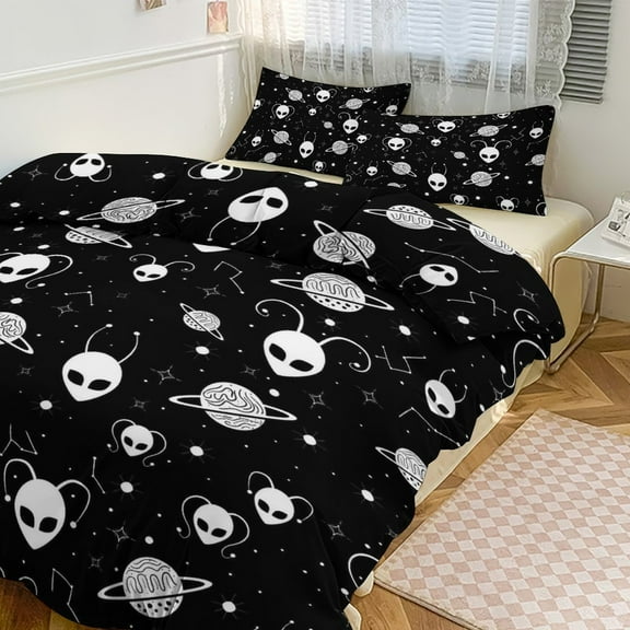 3 Pcs Soft Bedding Set, Includes 1 Duvet Cover with Zipper And 2 Pillow Shams,Amazing Aliens In The Universe With Planet And Stars Twin(86"x70")