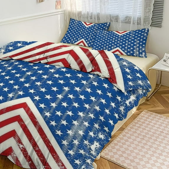 3 Pcs Soft Bedding Set, Includes 1 Duvet Cover with Zipper And 2 Pillow Shams,American Flag Blue Red White Twin(86"x70")