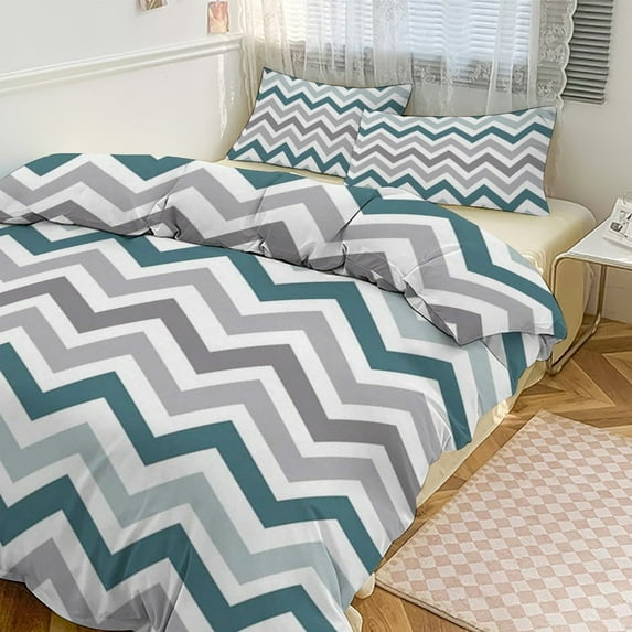 3 Pcs Soft Bedding Set, Includes 1 Duvet Cover with Zipper And 2 Pillow Shams,Aqua Chevron Pattern King(102"×90")