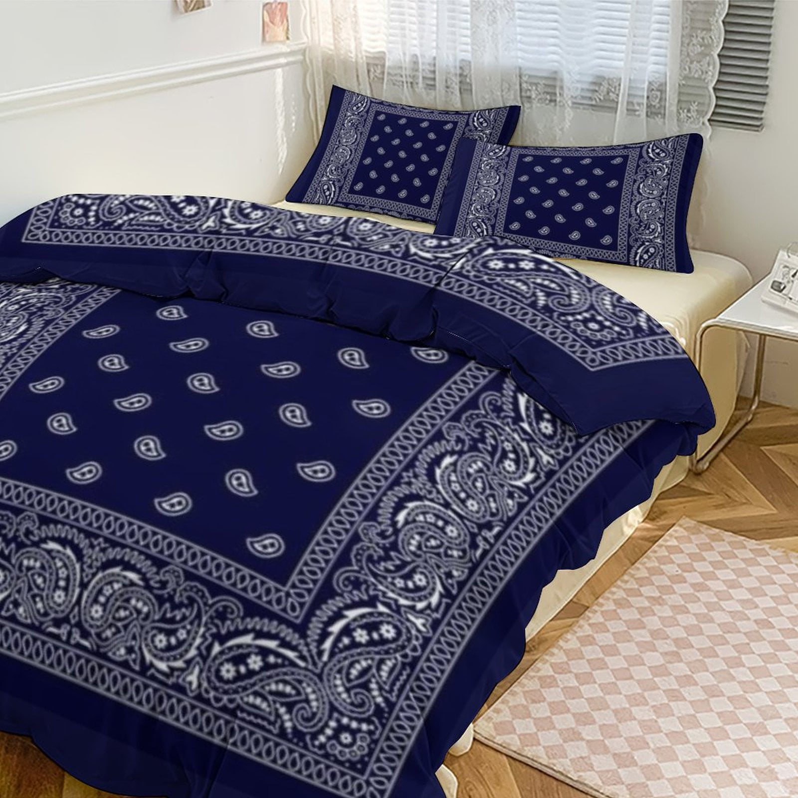 3 Pcs Soft Bedding Set, Includes 1 Duvet Cover with Zipper And 2 Pillow Shams,Bandana Blue King(102"×90")