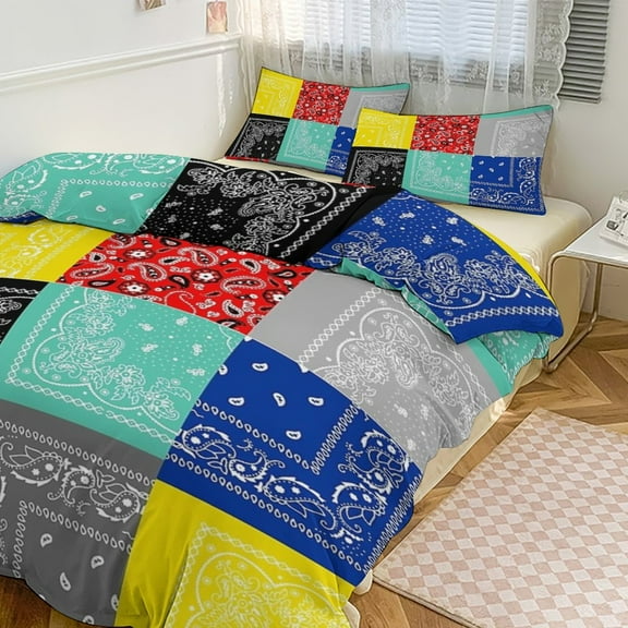 3 Pcs Soft Bedding Set, Includes 1 Duvet Cover with Zipper And 2 Pillow Shams,Bandana Paisley Patchwork Pattern Queen(90"×90")