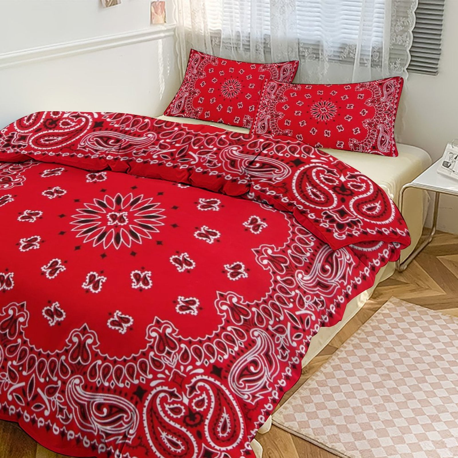 3 Pcs Soft Bedding Set, Includes 1 Duvet Cover with Zipper And 2 Pillow Shams,Bandana - Red Art Twin(86"x70")