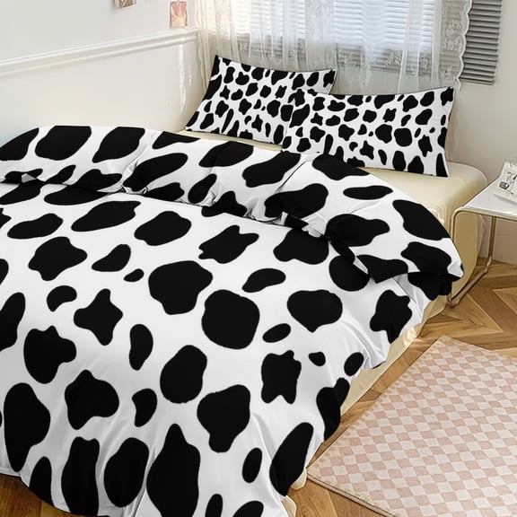 3 Pcs Soft Bedding Set, Includes 1 Duvet Cover with Zipper And 2 Pillow Shams,Black And White Cow Print Twin(86"x70")