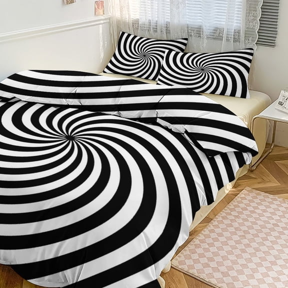 3 Pcs Soft Bedding Set, Includes 1 Duvet Cover with Zipper And 2 Pillow Shams,Black And White Op-Art Spiral Twin(86"x70")