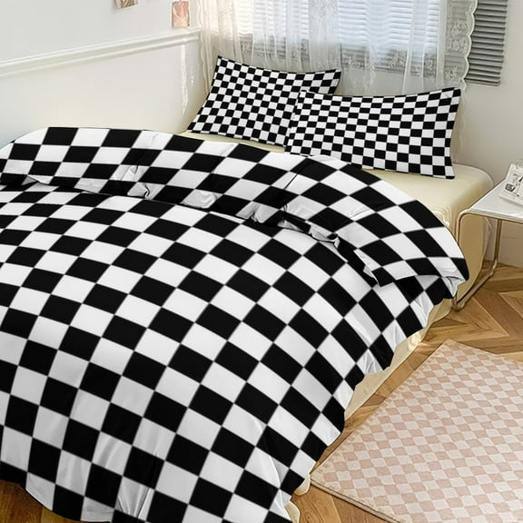 3 Pcs Soft Bedding Set, Includes 1 Duvet Cover with Zipper And 2 Pillow Shams,Black And White Plaid Twin(86"x70")