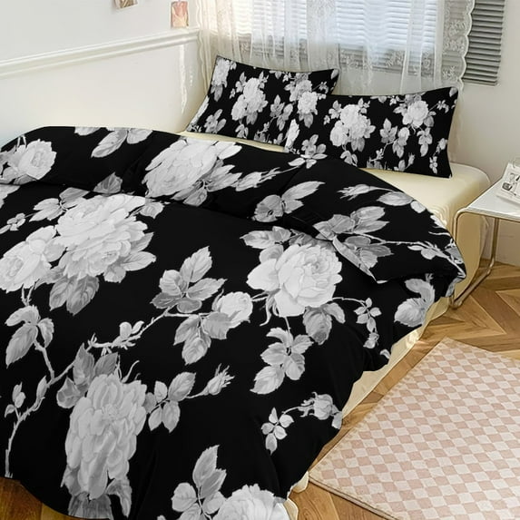 3 Pcs Soft Bedding Set, Includes 1 Duvet Cover with Zipper And 2 Pillow Shams,Black And White Roses King(102"×90")