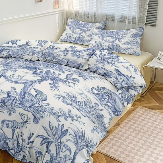 3 Pcs Soft Bedding Set, Includes 1 Duvet Cover with Zipper And 2 Pillow Shams,Blue Toile De Jouy Queen(90"×90")
