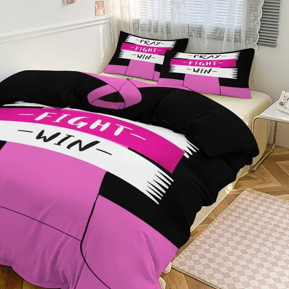 3 Pcs Soft Bedding Set, Includes 1 Duvet Cover with Zipper And 2 Pillow Shams,Cancer Quote Pray Fight Win Drawing Queen(90"×90")