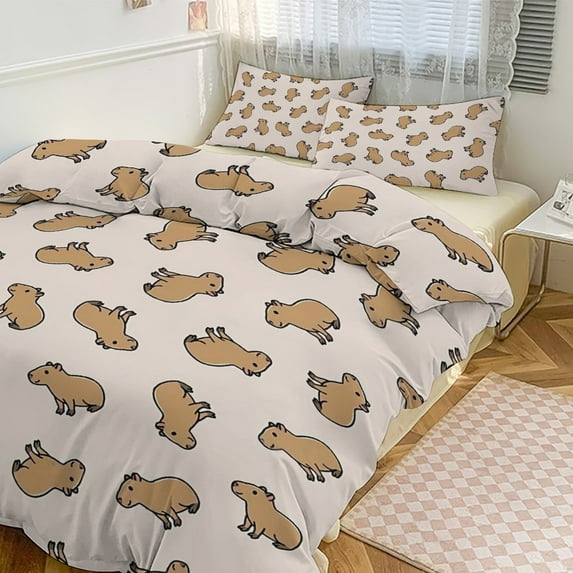 3 Pcs Soft Bedding Set, Includes 1 Duvet Cover with Zipper And 2 Pillow Shams,Capybara King(102"×90")