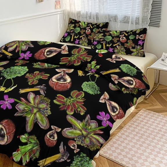3 Pcs Soft Bedding Set, Includes 1 Duvet Cover with Zipper And 2 Pillow Shams,Carnivorous Plants Black Background Twin(86"x70")