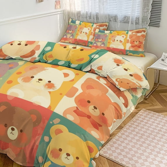 3 Pcs Soft Bedding Set, Includes 1 Duvet Cover with Zipper And 2 Pillow,Shams Cartoon Cute Bear Full(79"×90")