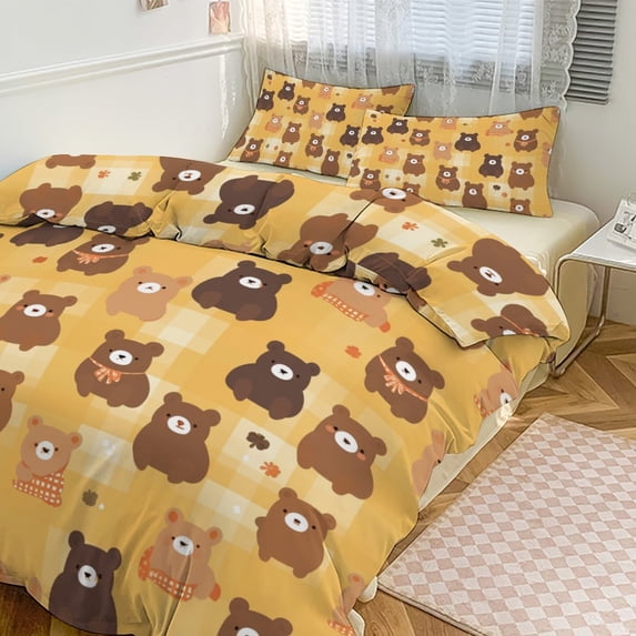 3 Pcs Soft Bedding Set, Includes 1 Duvet Cover with Zipper And 2 Pillow,Shams Cartoon Cute Bear Queen(90"×90")