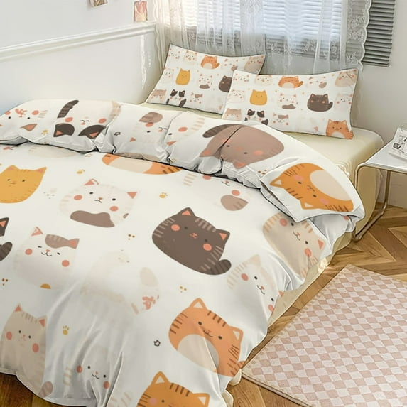 3 Pcs Soft Bedding Set, Includes 1 Duvet Cover with Zipper And 2 Pillow,Shams Cartoon Cute Cat Full(79"×90")