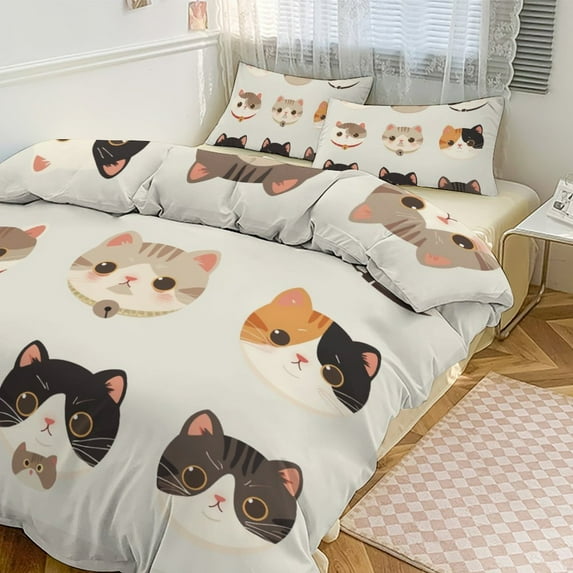 3 Pcs Soft Bedding Set, Includes 1 Duvet Cover with Zipper And 2 Pillow,Shams Cartoon Cute Cat King(102"×90")