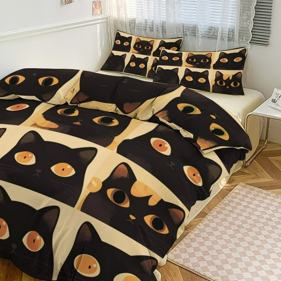 3 Pcs Soft Bedding Set, Includes 1 Duvet Cover with Zipper And 2 Pillow,Shams Cartoon Cute Cat King(102"×90")