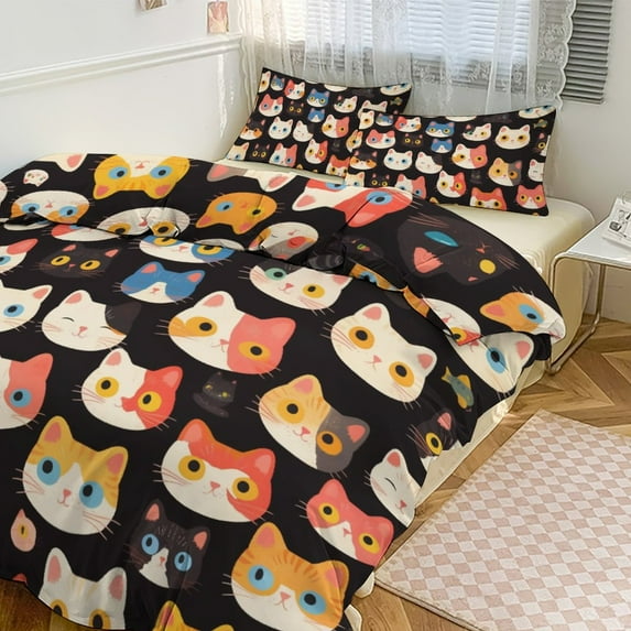 3 Pcs Soft Bedding Set, Includes 1 Duvet Cover with Zipper And 2 Pillow,Shams Cartoon Cute Cat Queen(90"×90")