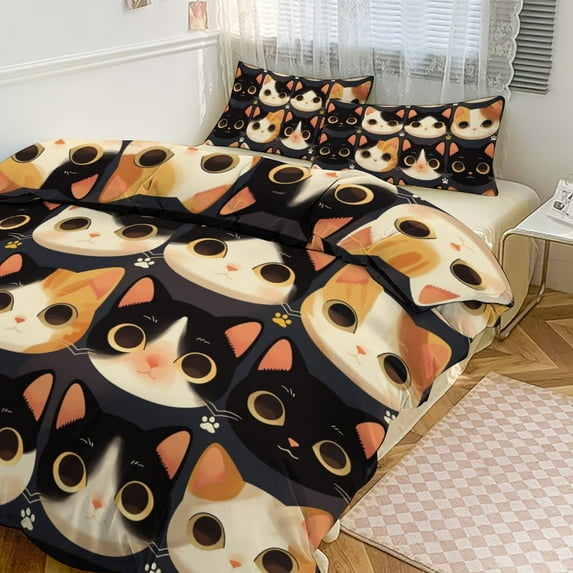 3 Pcs Soft Bedding Set, Includes 1 Duvet Cover with Zipper And 2 Pillow,Shams Cartoon Cute Cat Twin(86"x70")