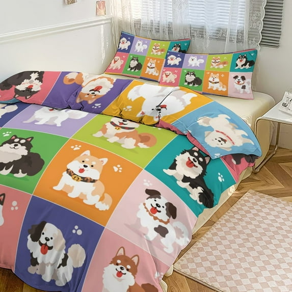 3 Pcs Soft Bedding Set, Includes 1 Duvet Cover with Zipper And 2 Pillow,Shams Cartoon Cute Dog Queen(90"×90")