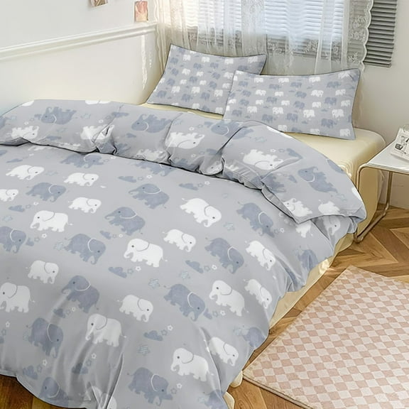 3 Pcs Soft Bedding Set, Includes 1 Duvet Cover with Zipper And 2 Pillow Shams,Cartoon Elephant Twin(86"x70")