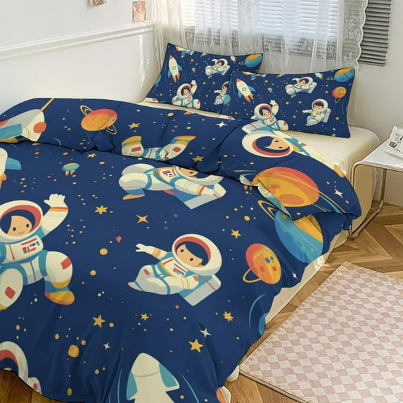 3 Pcs Soft Bedding Set, Includes 1 Duvet Cover with Zipper And 2 Pillow,Shams Cartoon Space Astronaut Full(79"×90")