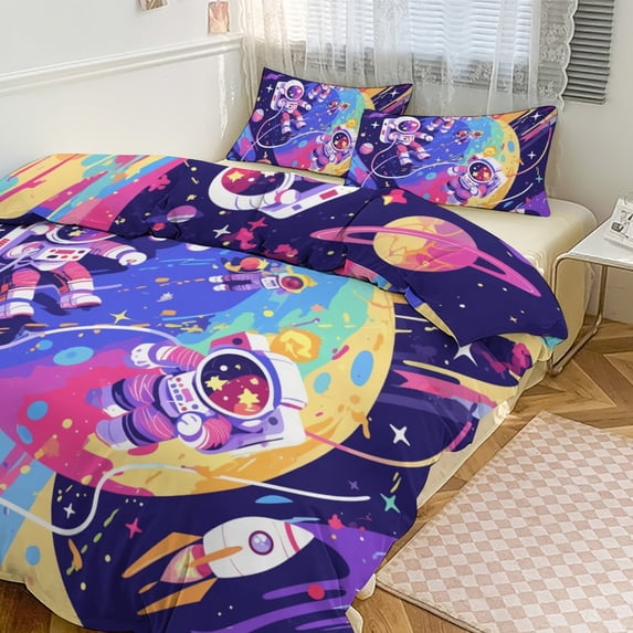3 Pcs Soft Bedding Set, Includes 1 Duvet Cover with Zipper And 2 Pillow,Shams Cartoon Space Astronaut Full(79"×90")
