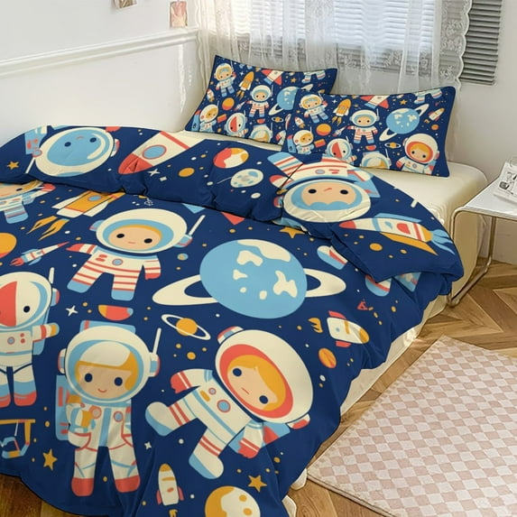 3 Pcs Soft Bedding Set, Includes 1 Duvet Cover with Zipper And 2 Pillow,Shams Cartoon Space Astronaut Queen(90"×90")