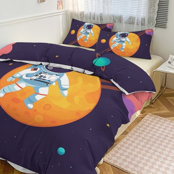 3 Pcs Soft Bedding Set, Includes 1 Duvet Cover with Zipper And 2 Pillow,Shams Cartoon Space Astronaut Twin(86"x70")
