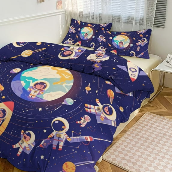 3 Pcs Soft Bedding Set, Includes 1 Duvet Cover with Zipper And 2 Pillow,Shams Cartoon Space Astronaut Twin(86"x70")