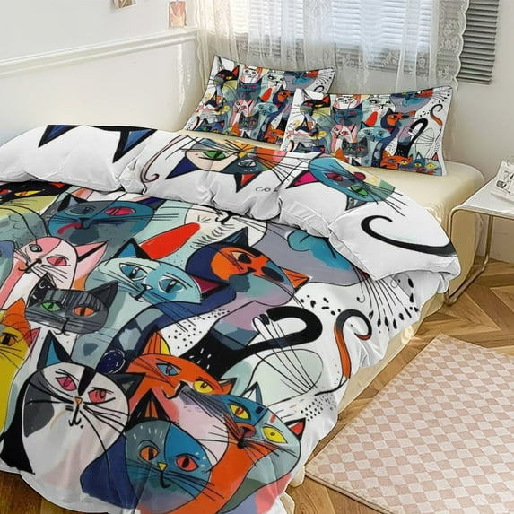 3 Pcs Soft Bedding Set, Includes 1 Duvet Cover with Zipper And 2 Pillow Shams,Cat Pictures Doodle Style King(102"×90")